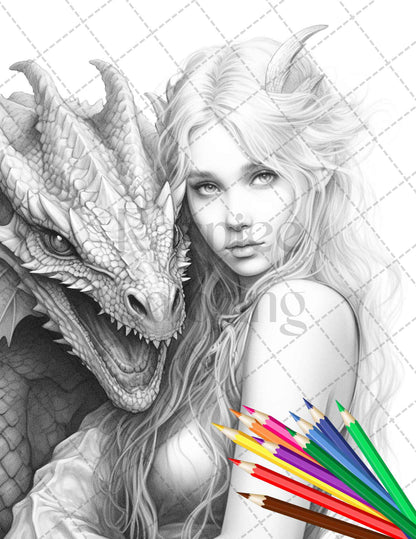 Enchanted Dragon Queens Grayscale Coloring Pages Printable for Adults, PDF File Instant Download - raspiee