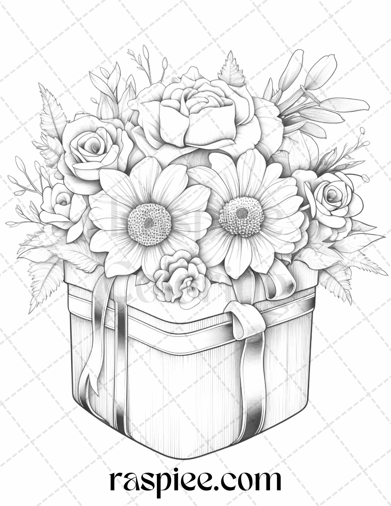 40 Flower Gift Box Grayscale Coloring Pages Printable for Adults Kids, PDF File Instant Download - Raspiee Coloring