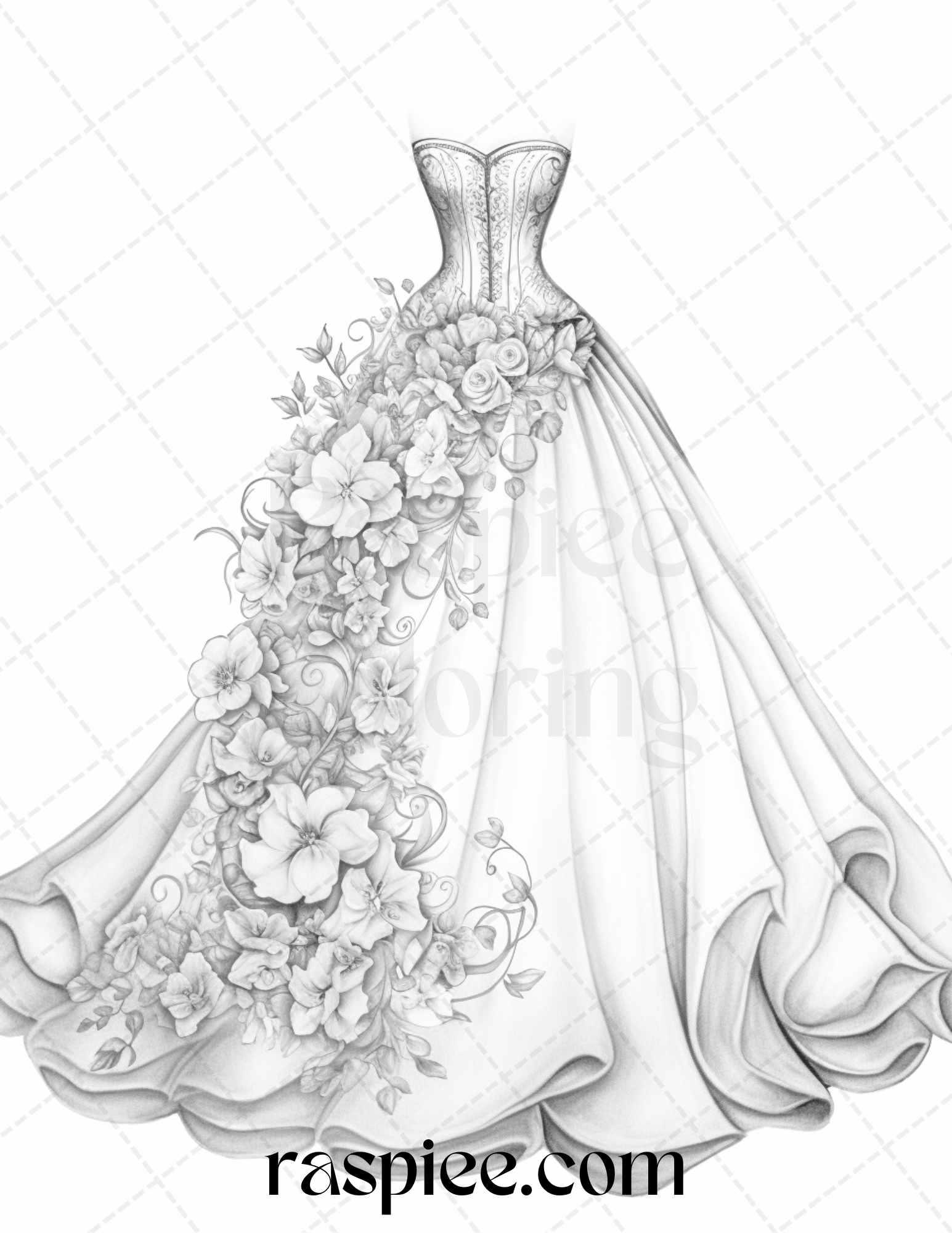 40 Elegant Floral Wedding Dresses Grayscale Coloring Pages Printable for Adults, PDF File Instant Download 40 Elegant Floral Wedding Dresses Grayscale Coloring Pages Printable for Adults, PDF File Instant Download