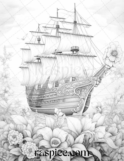 44 Flower Ships Graysale Coloring Pages Printable for Adults, PDF File Instant Download - Raspiee Coloring