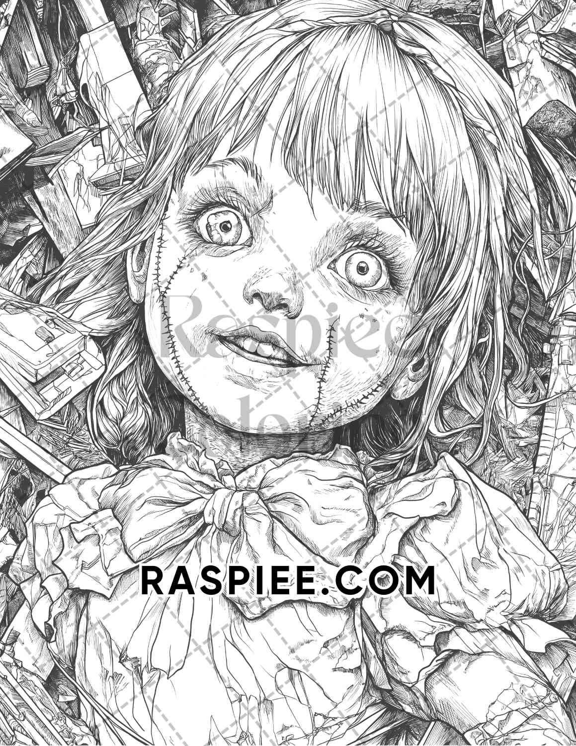 Haunted Dolls Halloween Horror Adult Coloring Pages Printable PDF Instant Download - RASPIEE