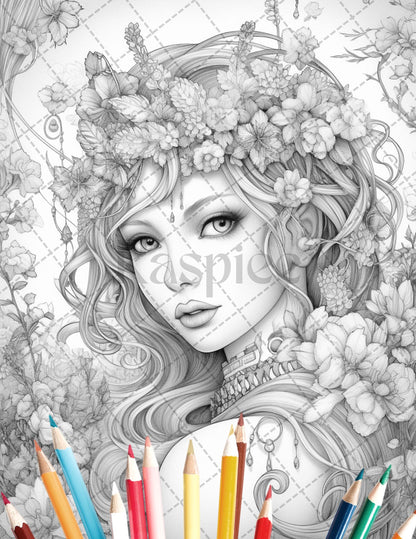 35 Beautiful Printable Elf Girls Coloring Book for Adults, Grayscale Coloring Page, PDF File Instant Download - raspiee