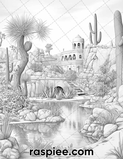 55 Desert Oasis Fairy Homes Grayscale Coloring Pages for Adults, Printable PDF Instant Download