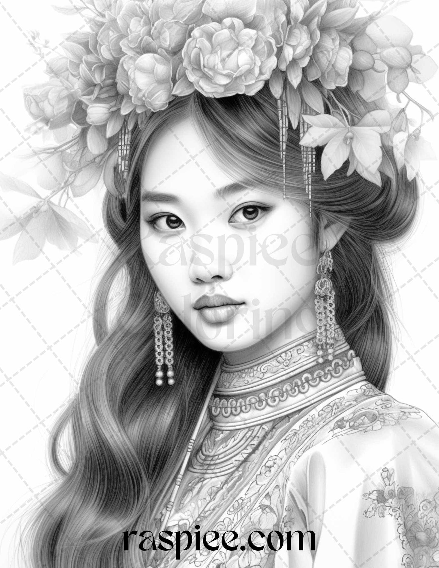 40 Beautiful Chinese Girls Grayscale Coloring Pages for Adults, Printable PDF File Instant Download