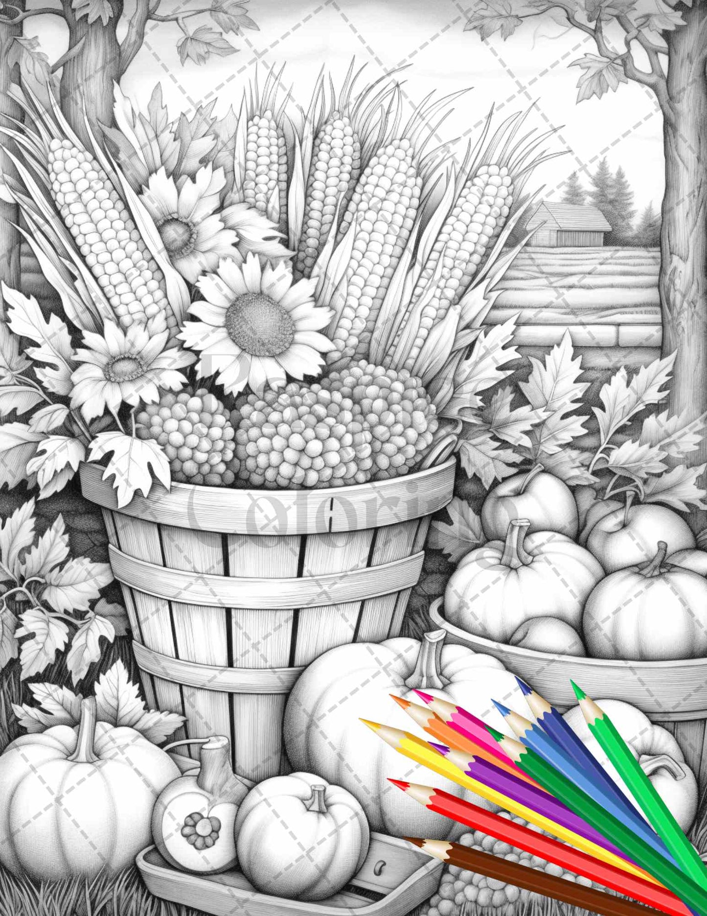 Autumn Harvest Grayscale Coloring Pages Printable for Adults, Relaxing Fall Themed Art, PDF File Instant Download - raspiee