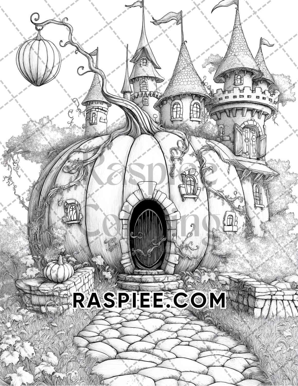 Fantasy Giant Pumpkin Castles Adult Coloring Pages Printable PDF Instant Download - RASPIEE