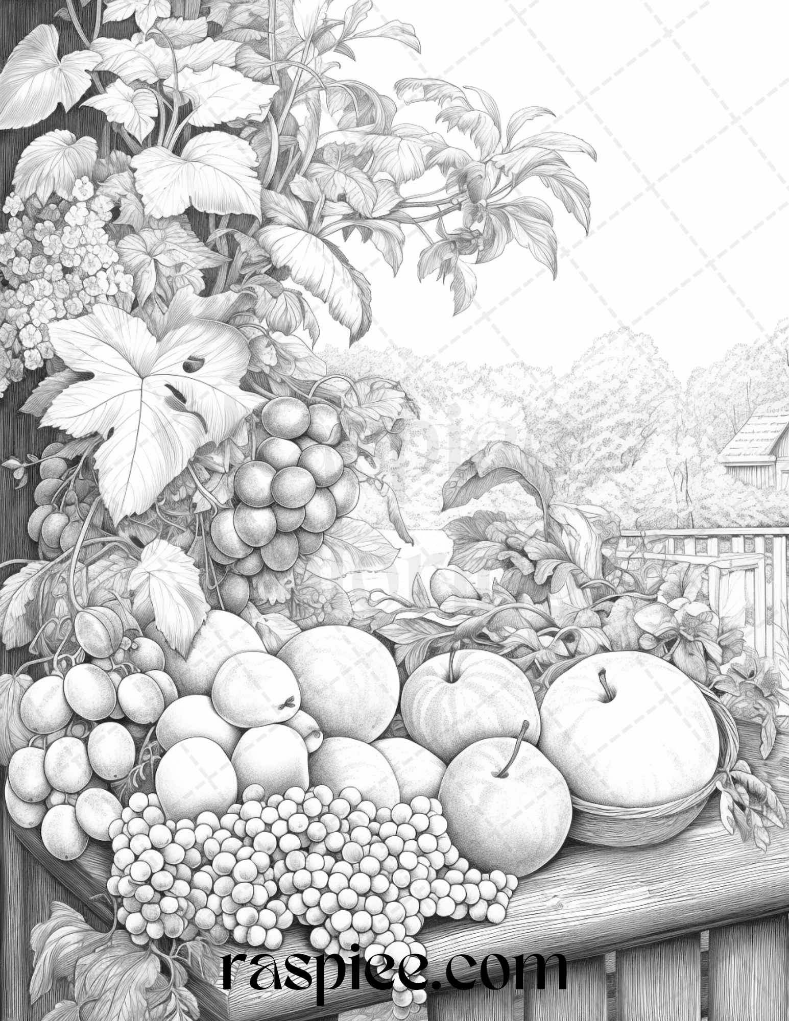Relaxing Fruit Garden Grayscale Coloring Pages Printable for Adults, PDF File Instant Download - Raspiee Coloring