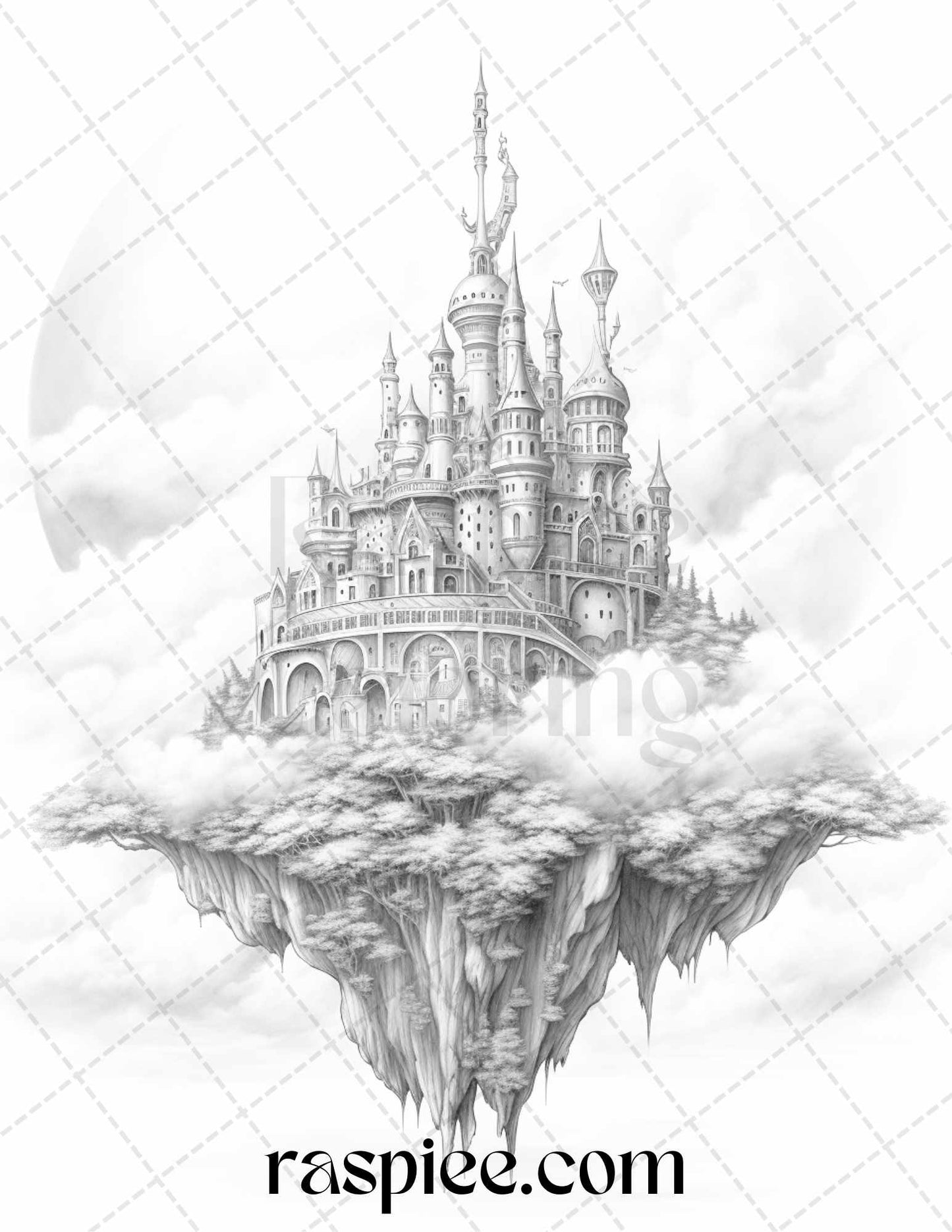 Floating Castle in the Sky Grayscale Coloring Pages for Adults, Printable PDF File Instant Download