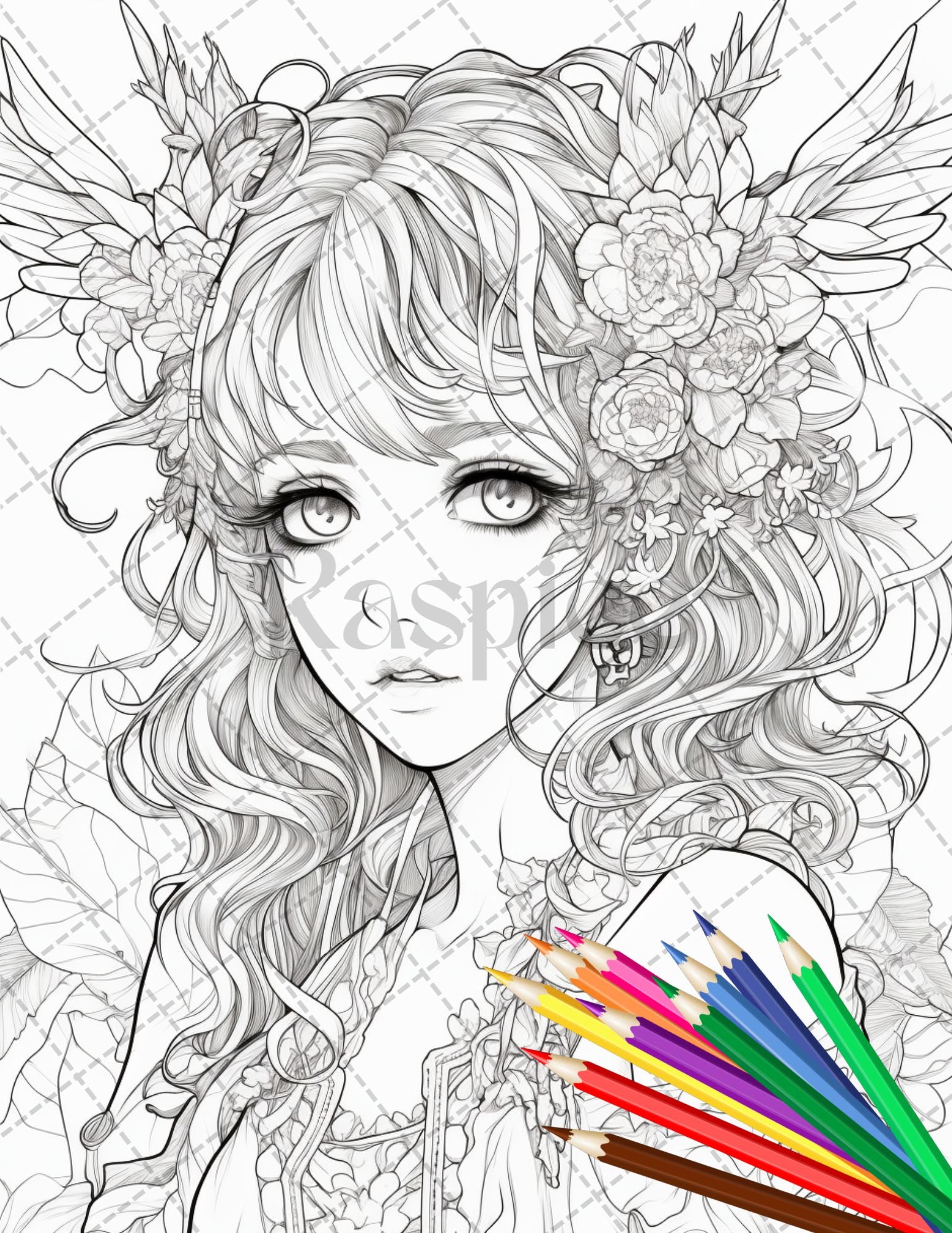 32 Anime Fairy Girl Printable Coloring Pages for Adults, Cute Fairy Grayscale Coloring Book, Printable PDF File Download - raspiee