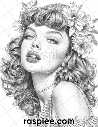 50 Vintage Spring Pin Up Girls Grayscale Adult Coloring Pages, Printab ...