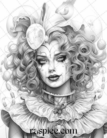 42 Beautiful Clown Girls Grayscale Coloring Pages Printable for Adults, PDF File Instant Download