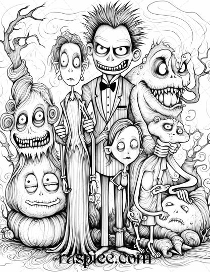 50 Monster Family Grayscale Coloring Pages Printable for Adults - Instant Download, Halloween Coloring Book, Fun and Spooky Designs - Raspiee Coloring