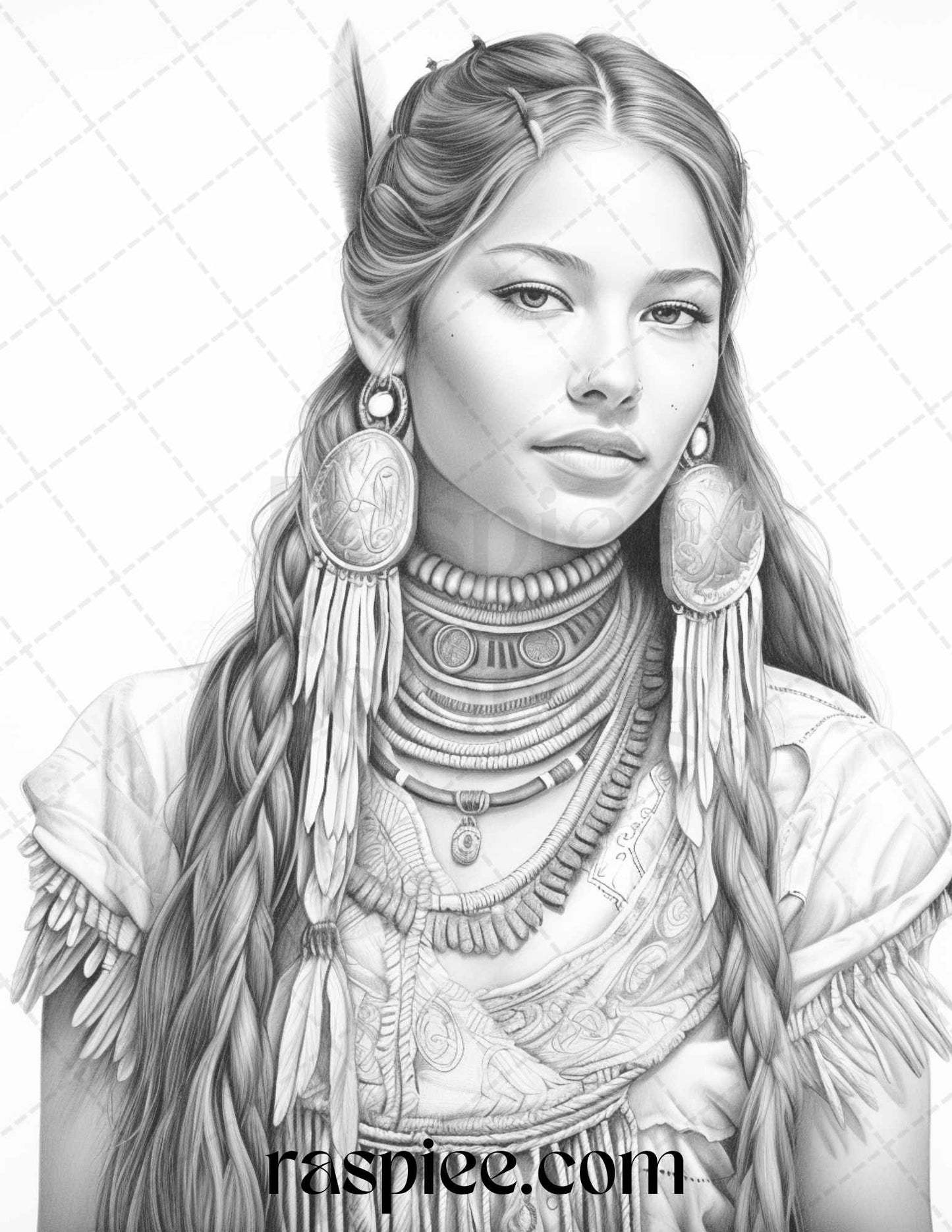 Native American Portrait Grayscale Coloring Pages Printable for Adults, PDF File Instant Download - Raspiee Coloring