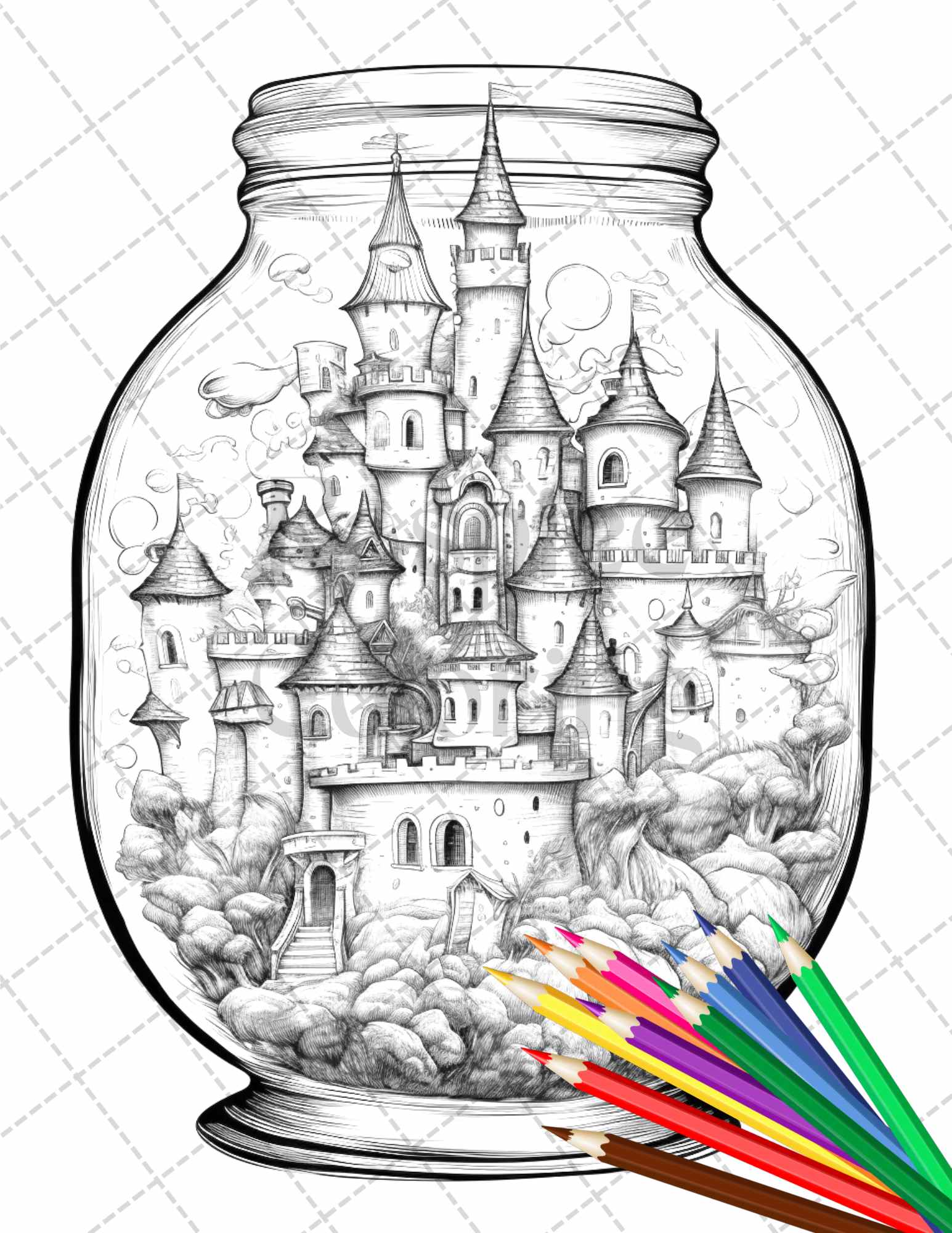 42 Fantasy Castle In Jar Grayscale Coloring Pages Printable for Adults, PDF File Instant Download - raspiee