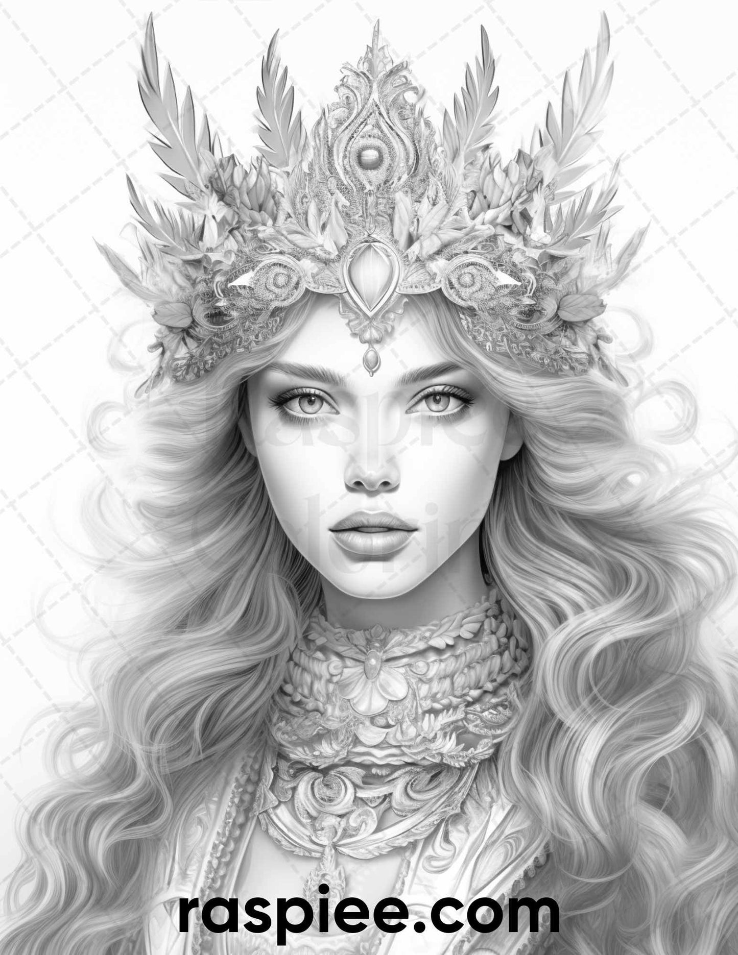 50 Winter Queens Portrait Grayscale Coloring Pages Printable for Adults, PDF File Instant Download