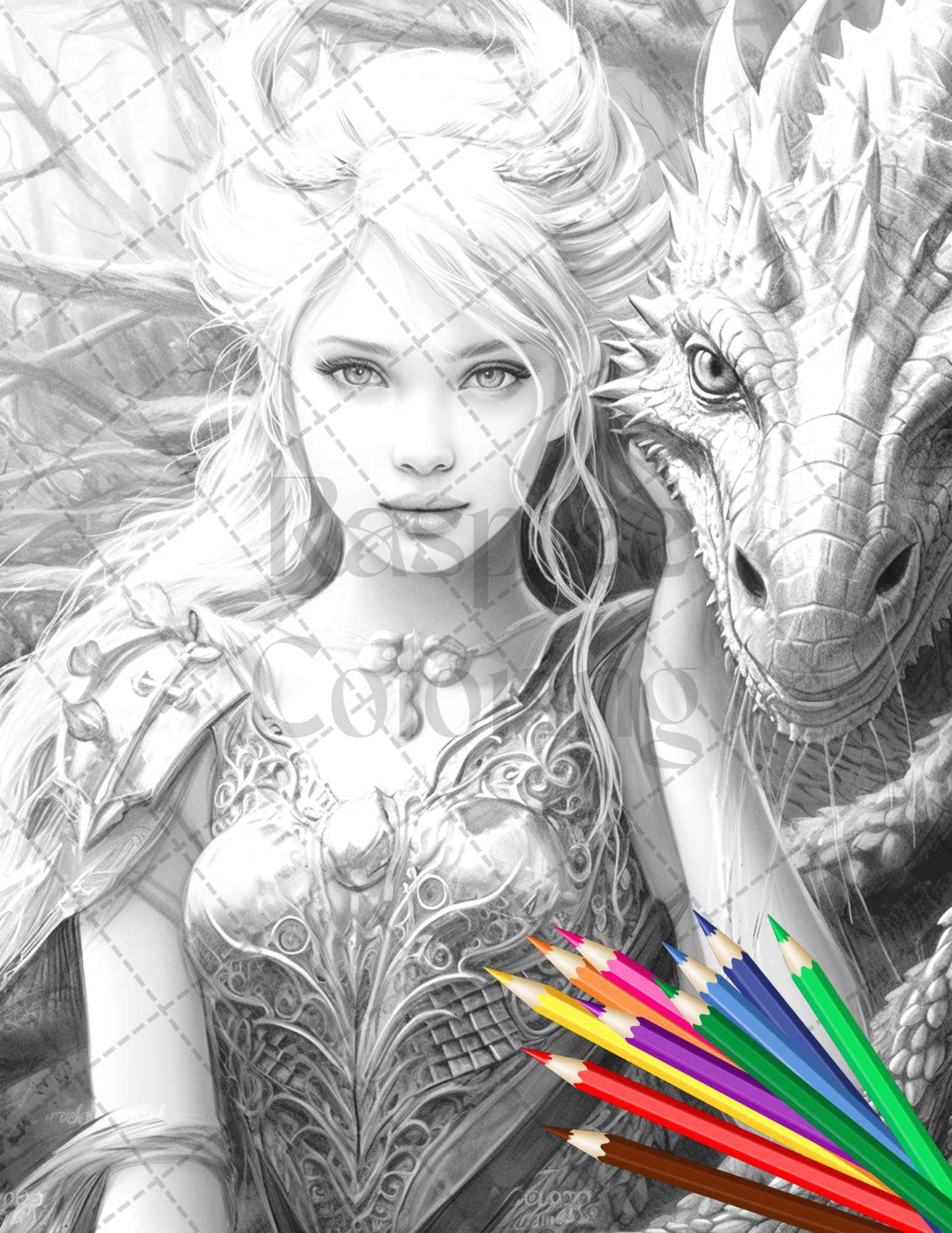 Enchanted Dragon Queens Grayscale Coloring Pages Printable for Adults, PDF File Instant Download - raspiee