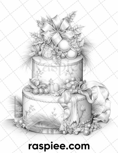 45 Christmas Cakes Grayscale Coloring Pages for Adults, Printable PDF File Instant Download