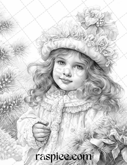 50 Vintage Christmas Girls Grayscale Coloring Pages for Adults and Kids, Printable PDF File Instant Download