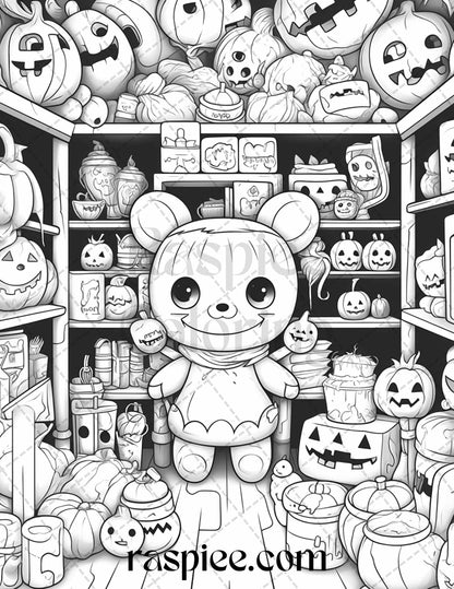 40 Halloween Creepy Kawaii Grayscale Coloring Pages for Adults and Kids, Printable PDF File Instant Download
