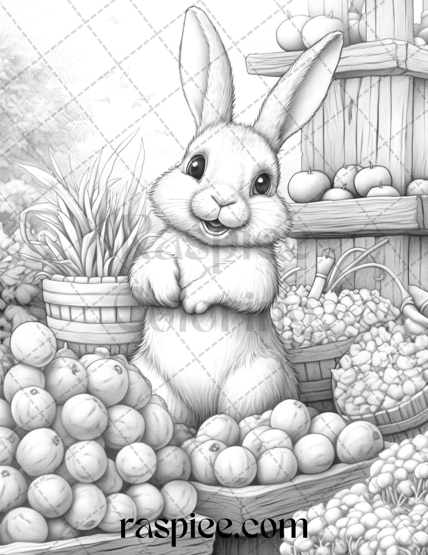50 Rabbit Garden Grayscale Coloring Pages Printable for Adults, PDF File Instant Download - raspiee