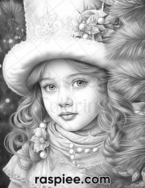 50 Christmas Victorian Girls Grayscale Coloring Pages for Adults, Prin ...