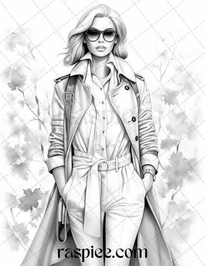 40 Fall Fashion Grayscale Coloring Pages for Adults, Printable PDF File Instant Download