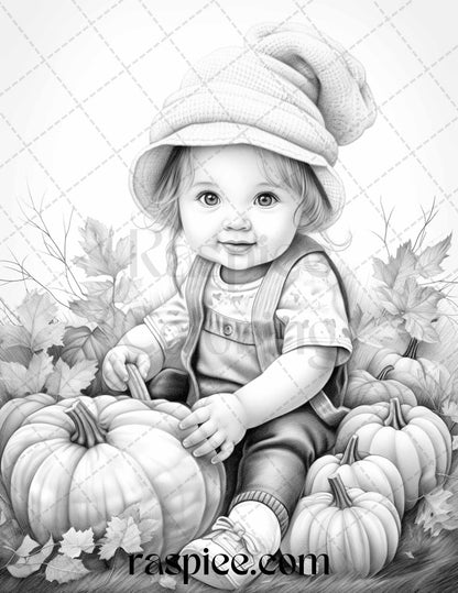 40 Pumpkin Babies Grayscale Coloring Pages for Adults and Kids, Printable PDF File Instant Download