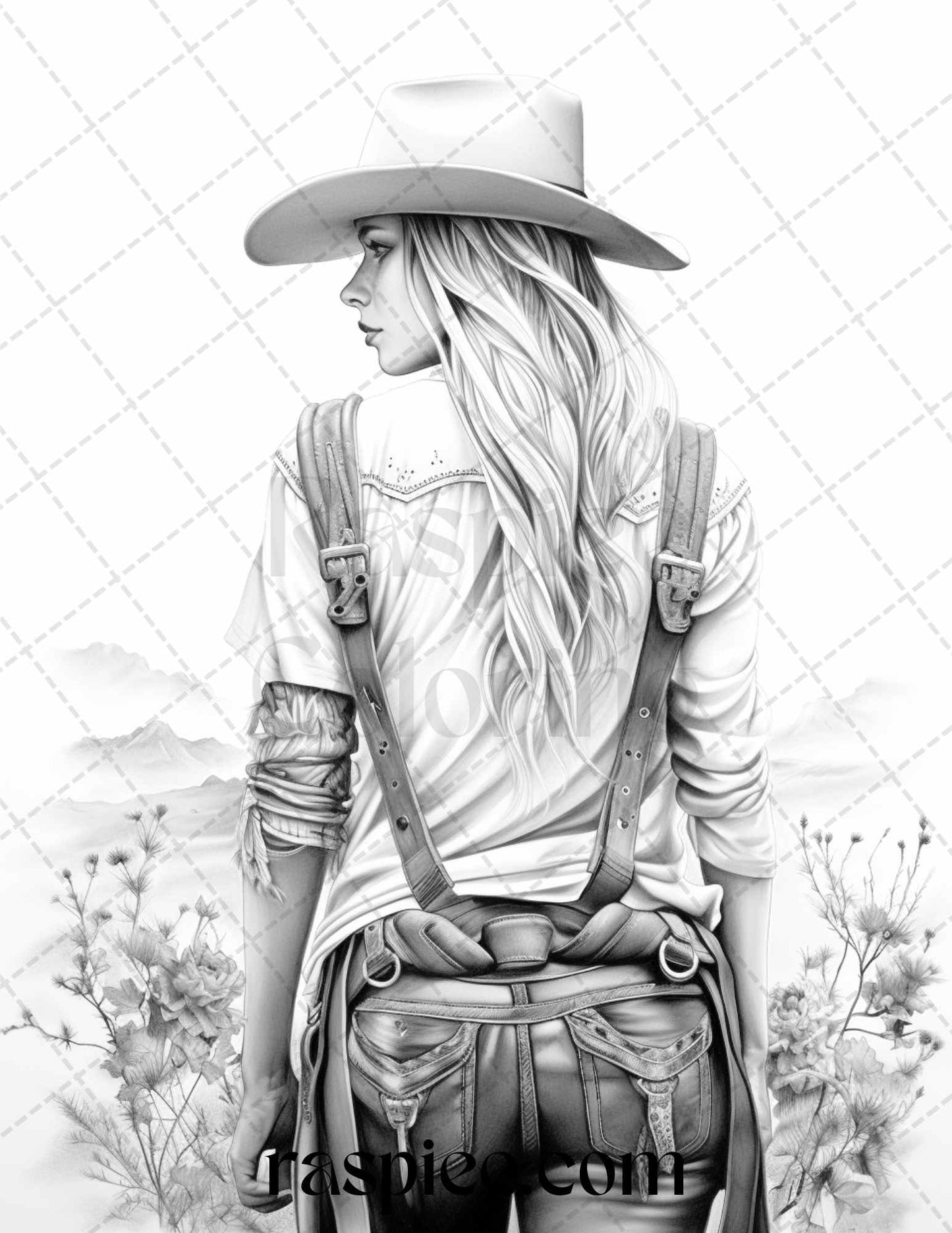 40 Beautiful Cowgirls Grayscale Coloring Pages Printable for Adults, PDF File Instant Download - raspiee