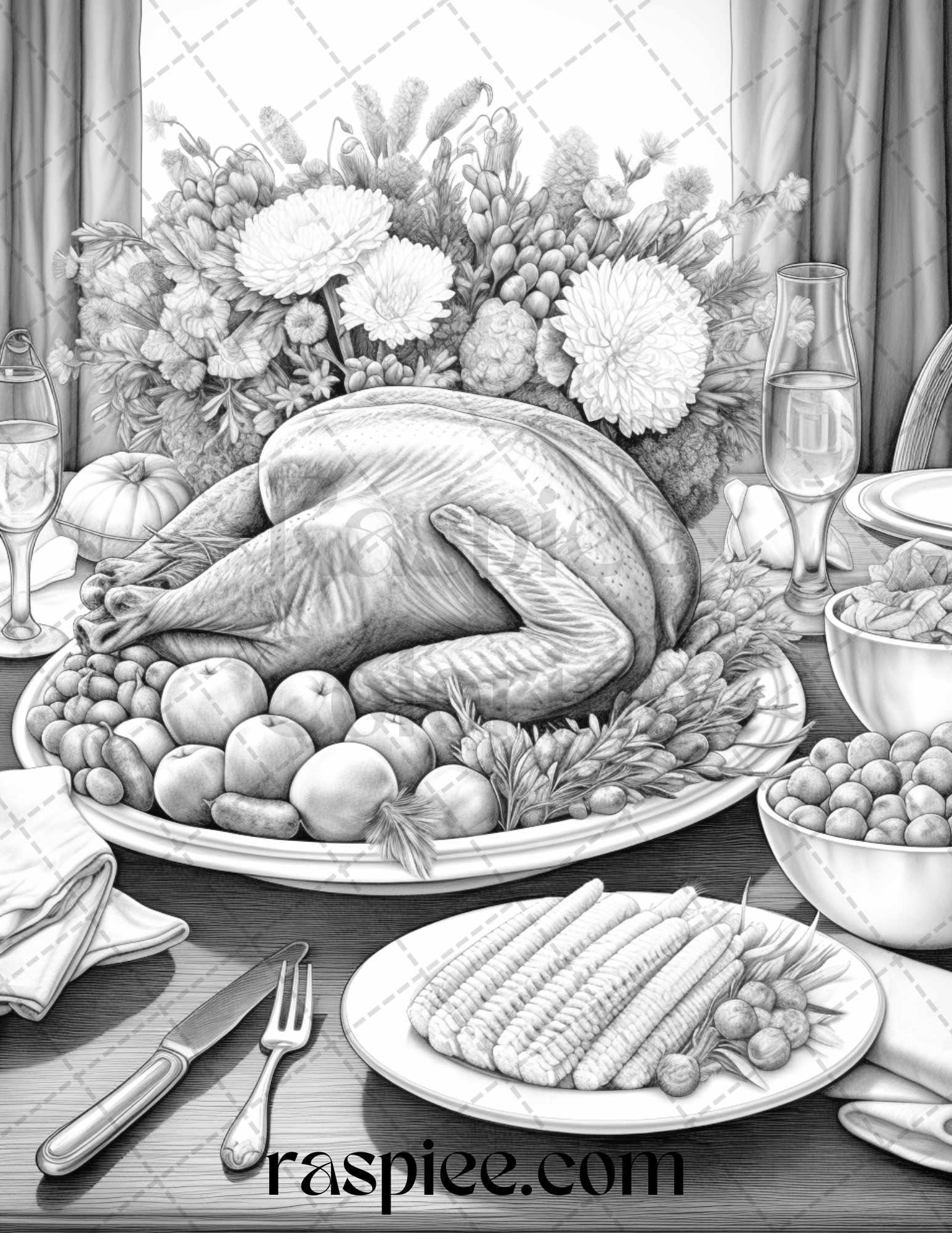 27 5adf3f4f dc0e 49a4 85a6 6f4798d6fd3a thanksgiving dinner grayscale coloring pages for adults, relaxing fall coloring sheets, printable pdf file instant download
