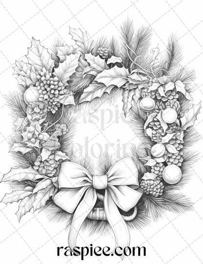 40 Christmas Wreath Grayscale Coloring Pages Printable for Adults, PDF File Instant Download