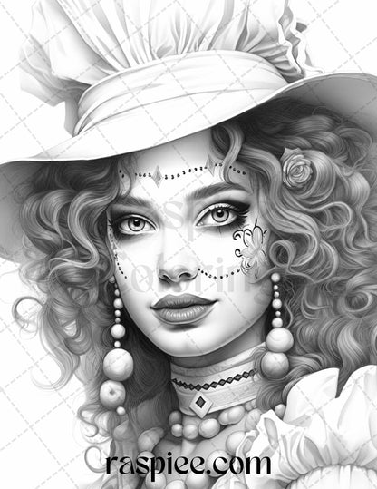 42 Beautiful Clown Girls Grayscale Coloring Pages Printable for Adults, PDF File Instant Download