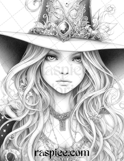 40 Beautiful Witches Grayscale Coloring Pages Printable for Adults, PDF File Instant Download - raspiee