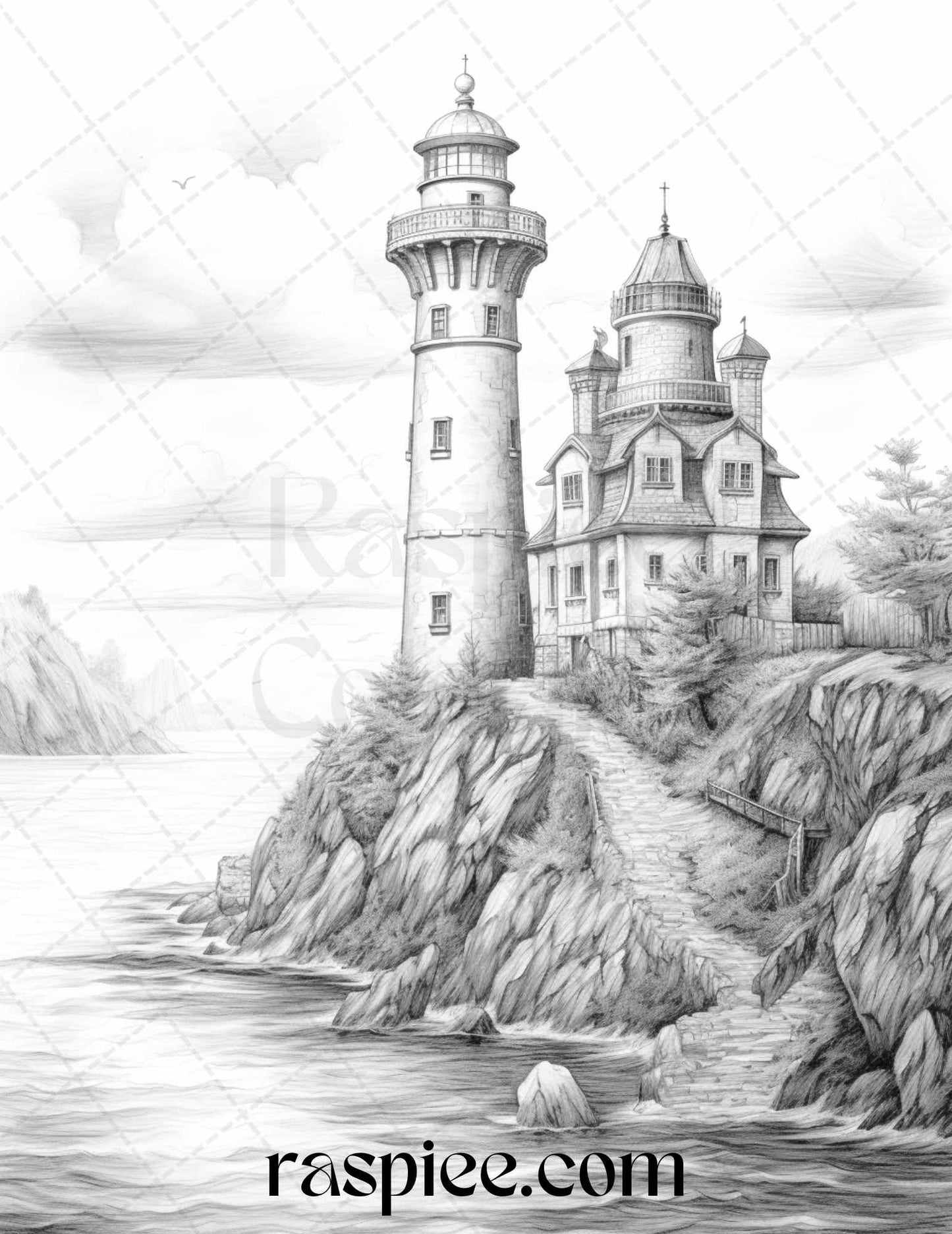 40 Majestic Lighthouses Grayscale Coloring Pages Printable for Adults, PDF File Instant Download - Raspiee Coloring