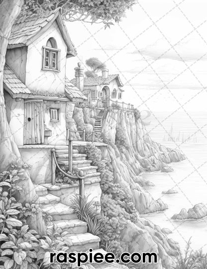 50 Fairy Beach Houses Grayscale Coloring Pages for Adults, Printable PDF Instant Download