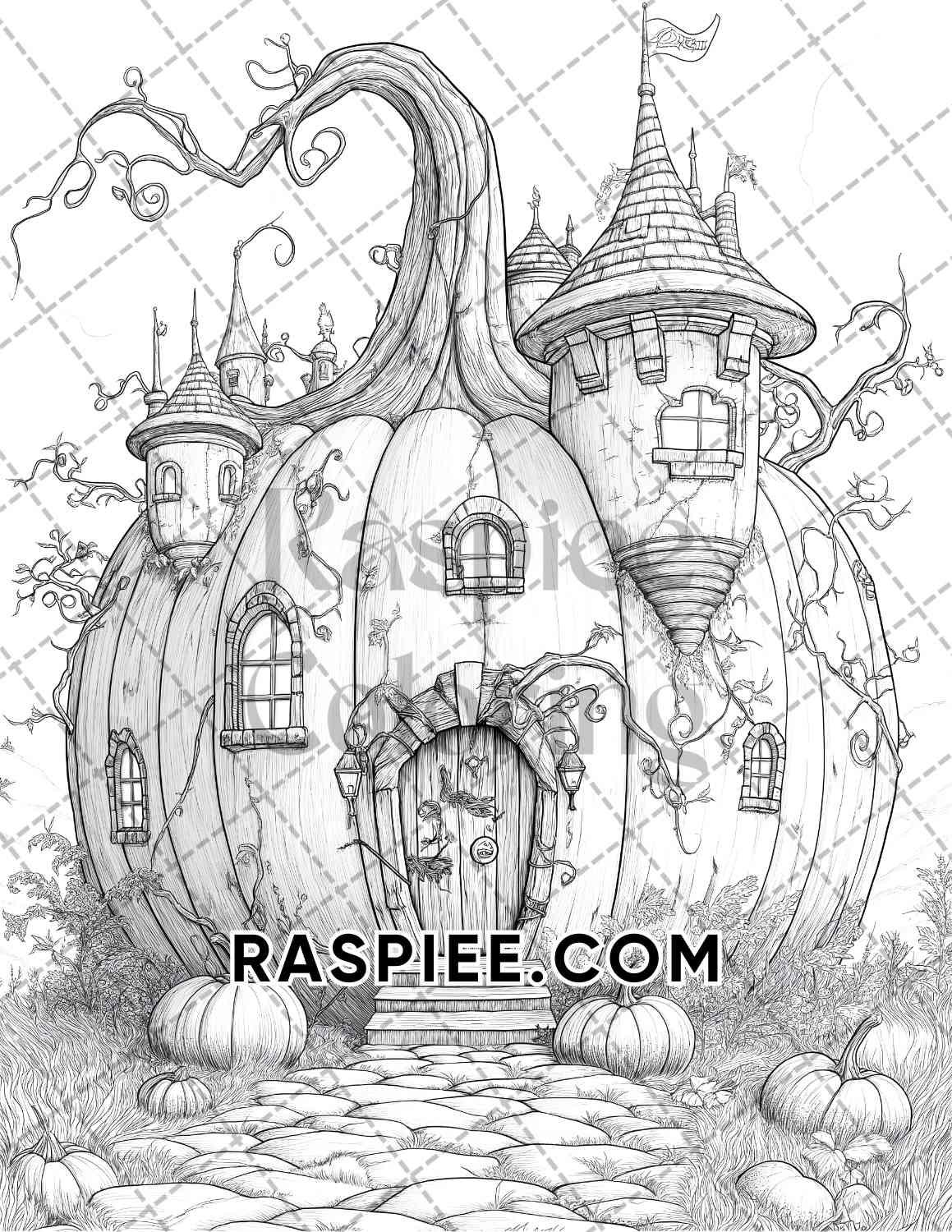 Fantasy Giant Pumpkin Castles Adult Coloring Pages Printable PDF Instant Download - RASPIEE