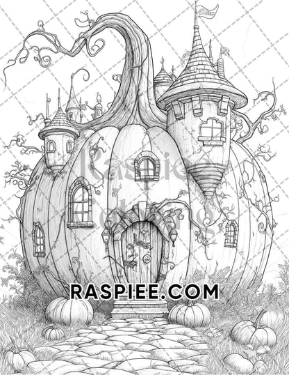 Fantasy Giant Pumpkin Castles Adult Coloring Pages Printable PDF Instant Download - RASPIEE