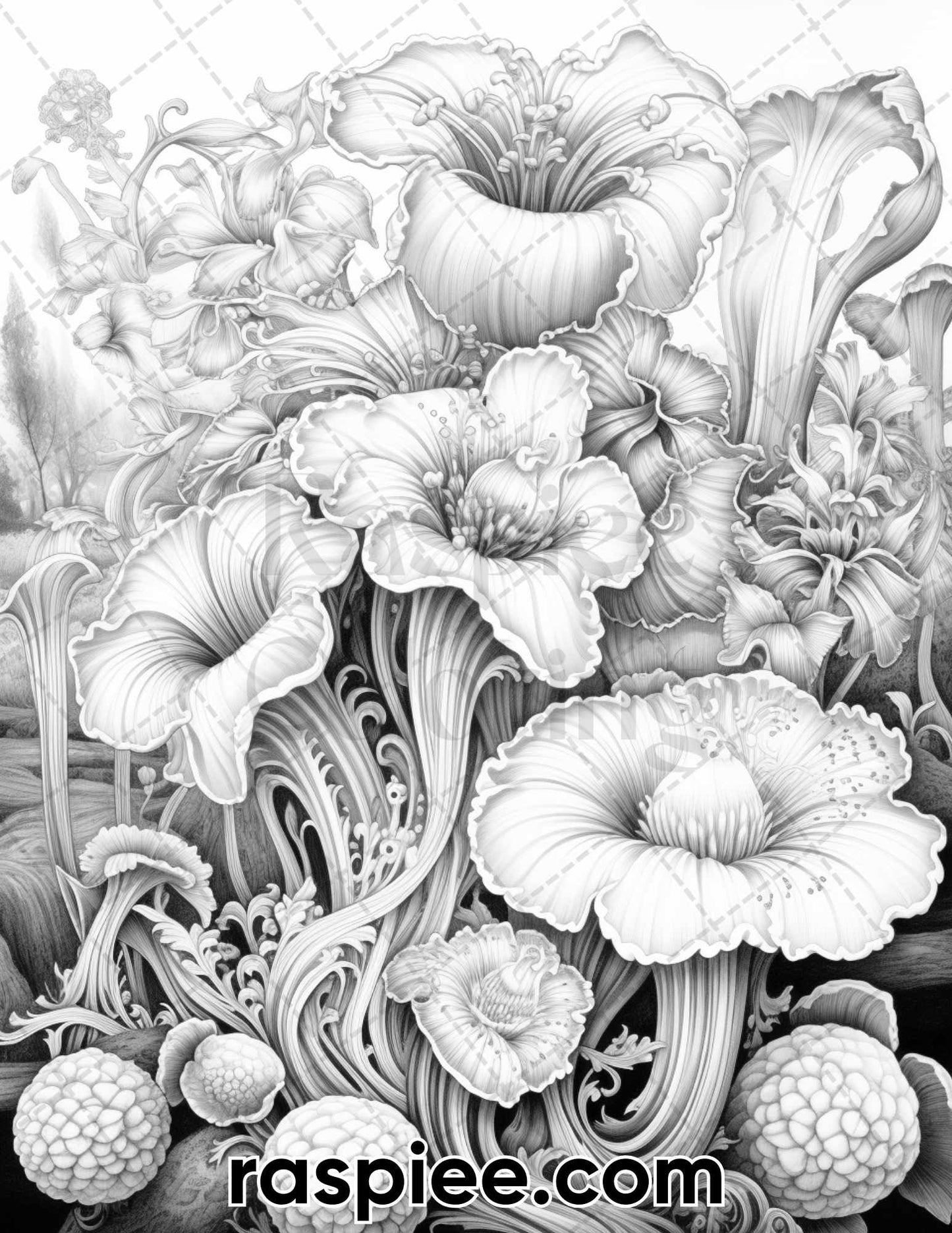 55 Fantasy Flowers Grayscale Coloring Pages for Adults, Printable PDF File Instant Download