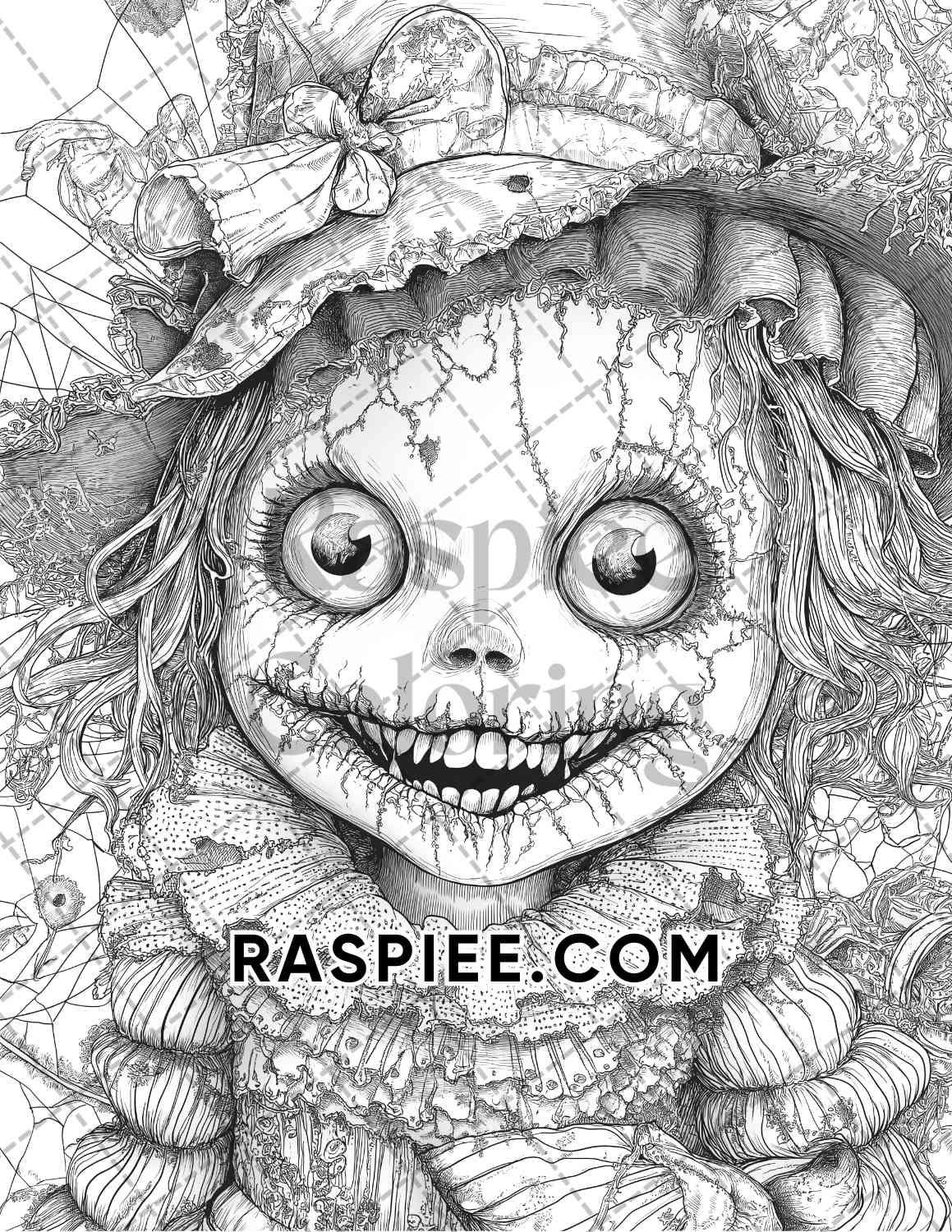 Haunted Dolls Halloween Horror Adult Coloring Pages Printable PDF Instant Download - RASPIEE