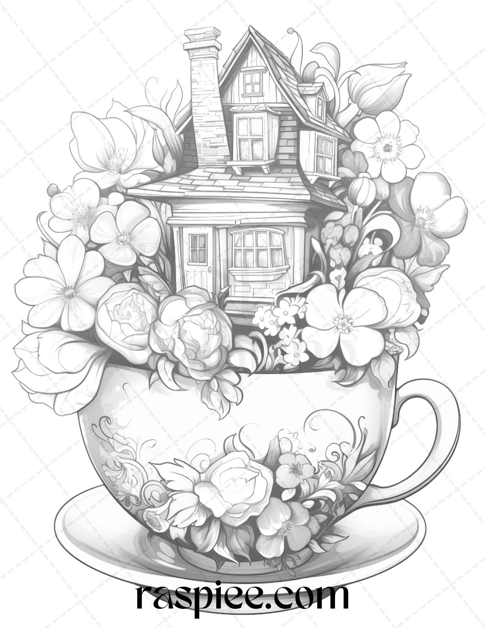 40 Flower Teacup Fairy Houses Grayscale Coloring Pages Printable for Adults, PDF File Instant Download - Raspiee Coloring