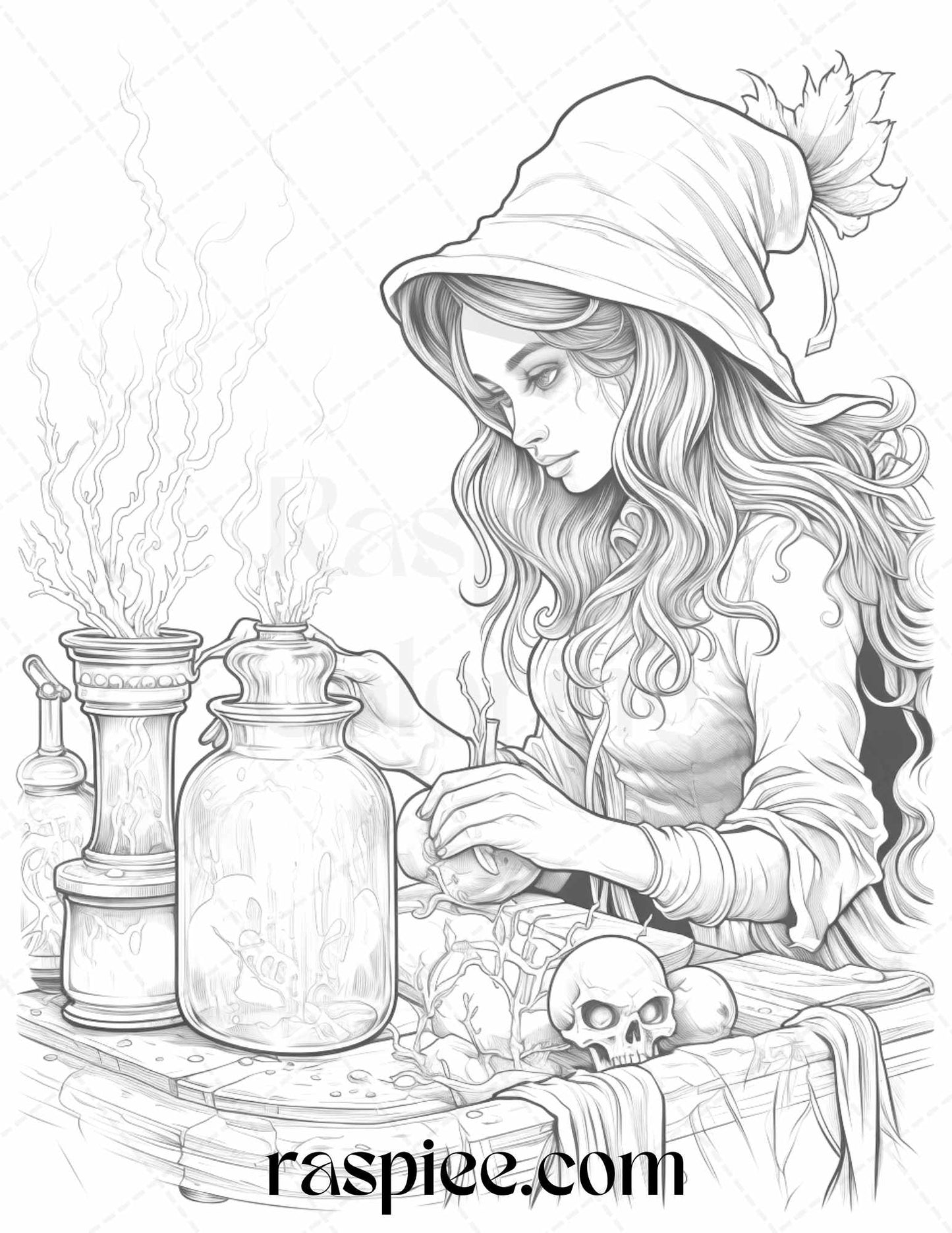 40 Witchy Land Grayscale Coloring Pages Printable for Adults, PDF File Instant Download - Raspiee Coloring