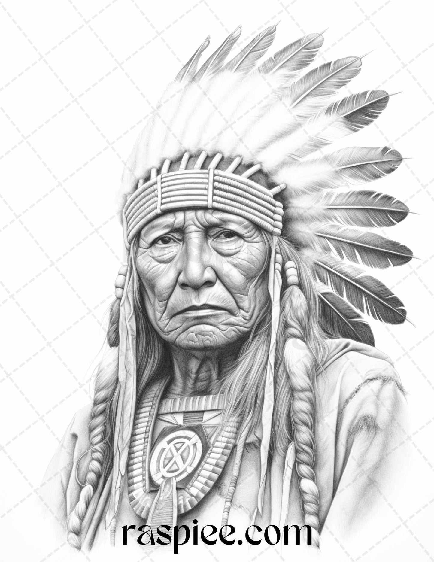 Native American Portrait Grayscale Coloring Pages Printable for Adults, PDF File Instant Download - Raspiee Coloring