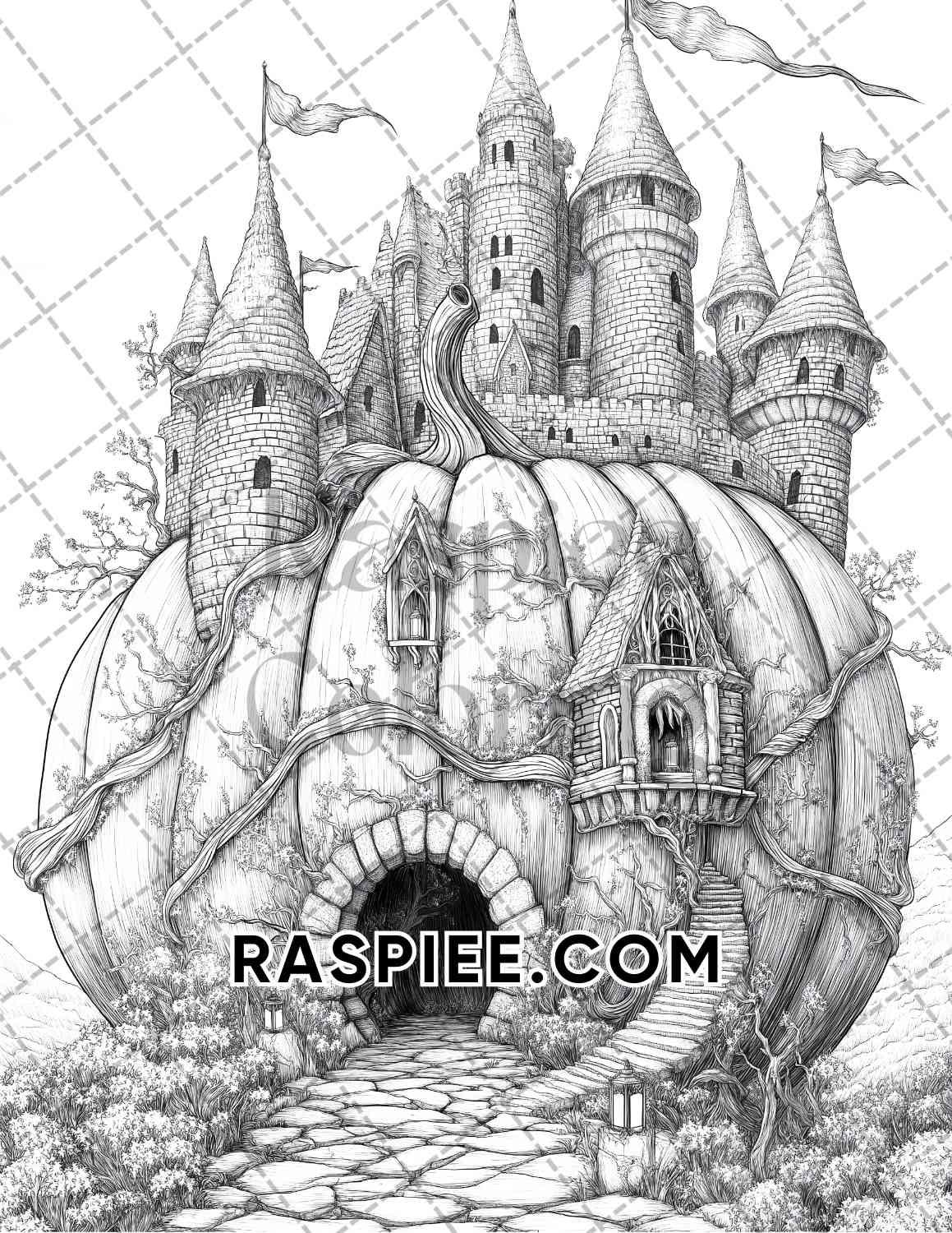 Fantasy Giant Pumpkin Castles Adult Coloring Pages Printable PDF Instant Download - RASPIEE