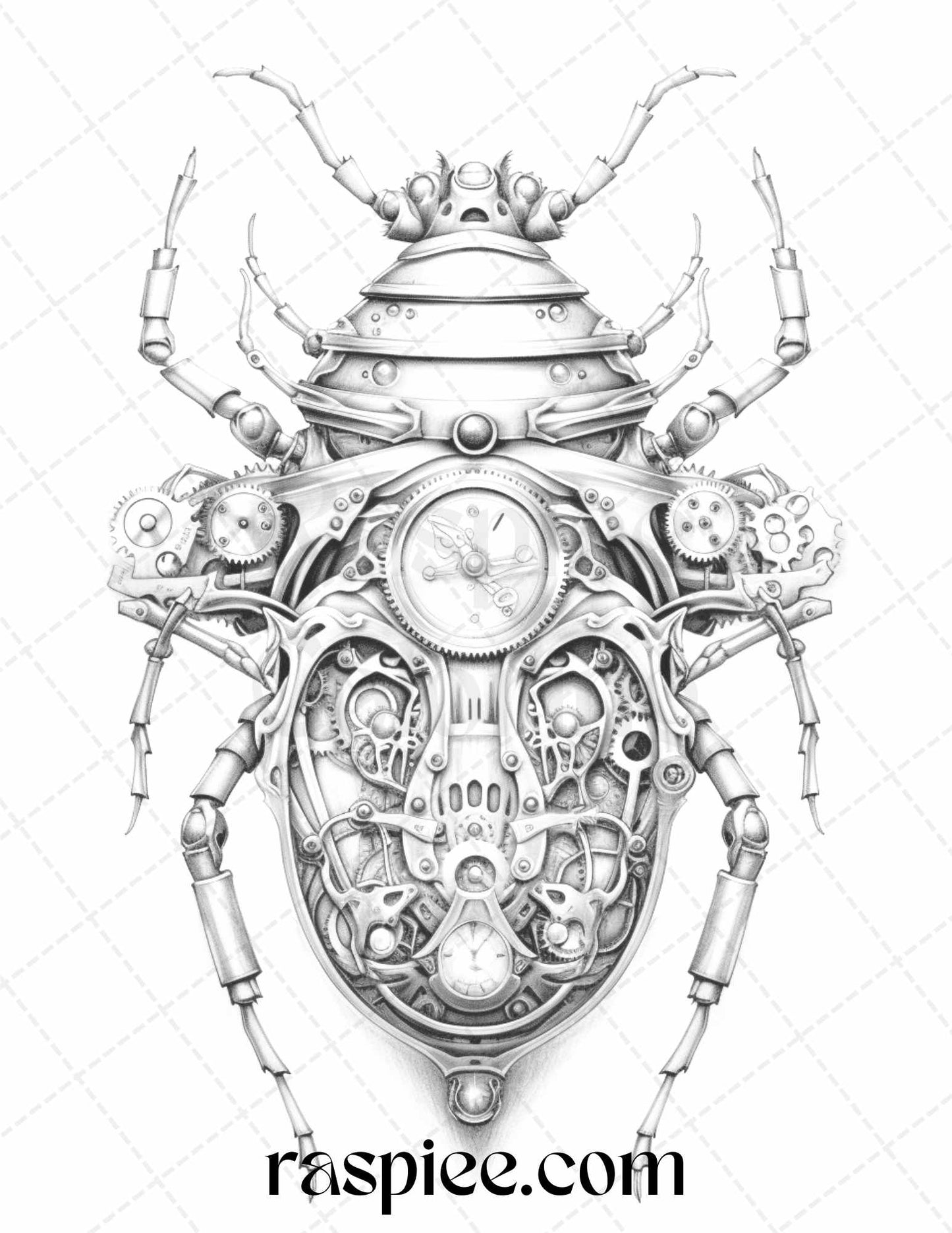 42 Steampunk Bugs Grayscale Coloring Pages Printable for Adults, PDF File Instant Download - Raspiee Coloring