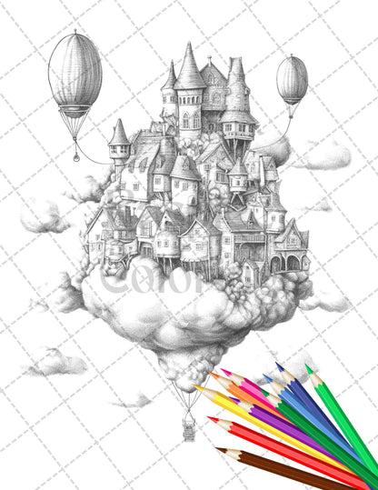 40 Fantasy Sky Houses Grayscale Coloring Pages Printable for Adults, PDF File Instant Download - raspiee