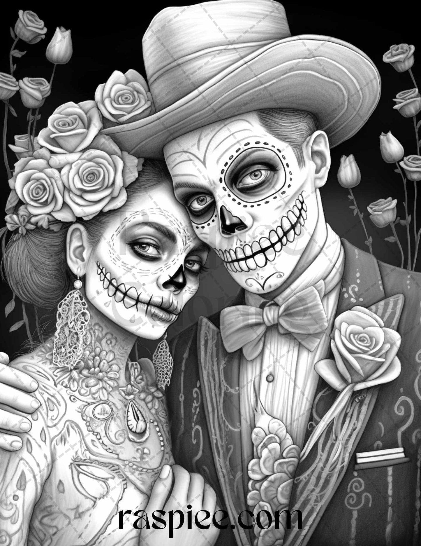 50 Day of the Dead Grayscale Coloring Pages Printable for Adults, PDF File Instant Download
