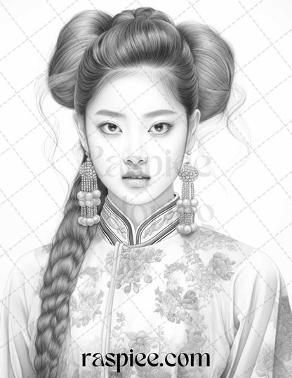 40 Beautiful Chinese Girls Grayscale Coloring Pages for Adults, Printable PDF File Instant Download