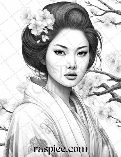 40 Beautiful Japanese Girls Grayscale Coloring Pages Printable for Adults, PDF File Instant Download - raspiee