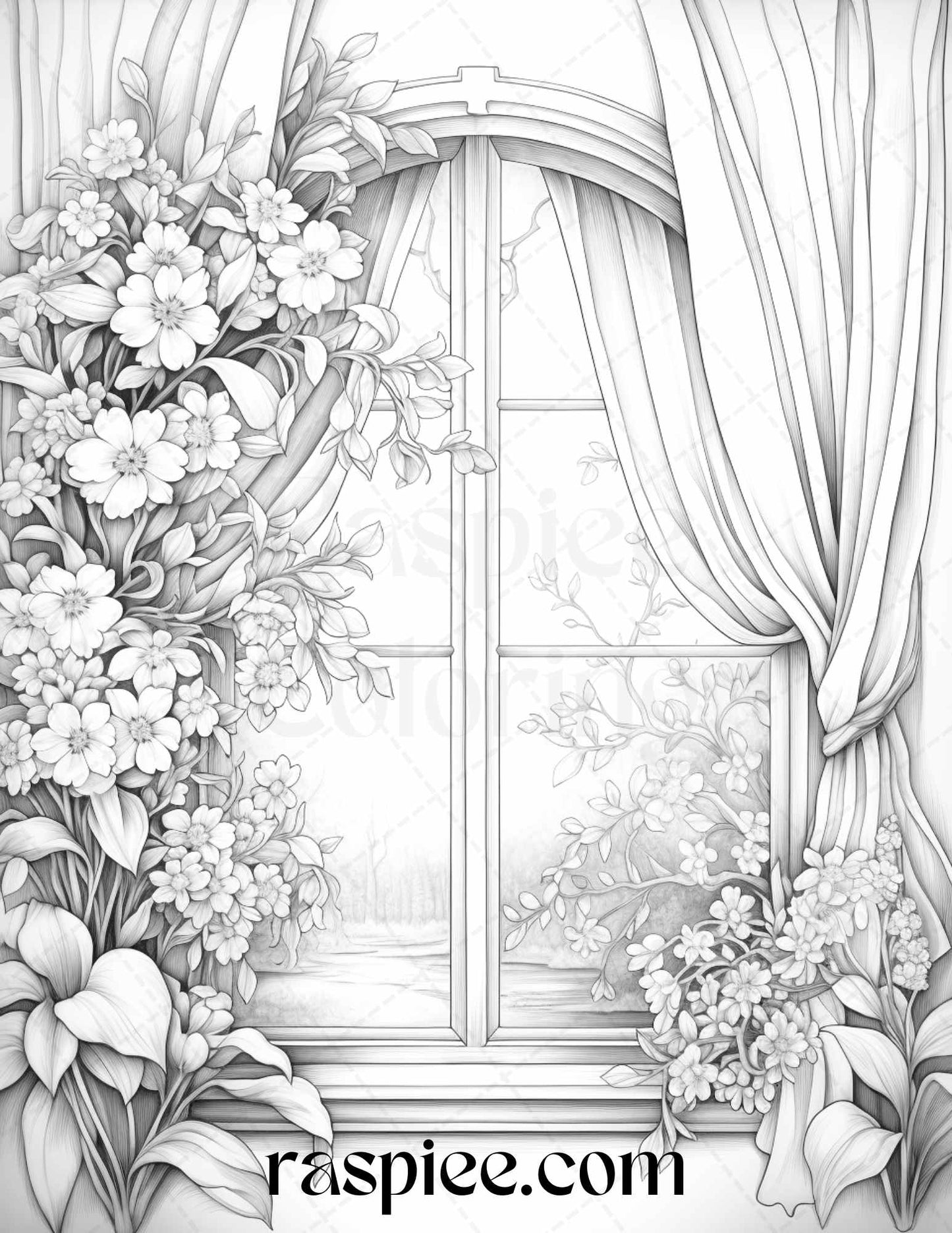 50 Blooming Windows Grayscale Coloring Pages Printable for Adults, PDF File Instant Download - Raspiee Coloring