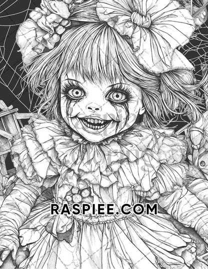 Haunted Dolls Halloween Horror Adult Coloring Pages Printable PDF Instant Download - RASPIEE