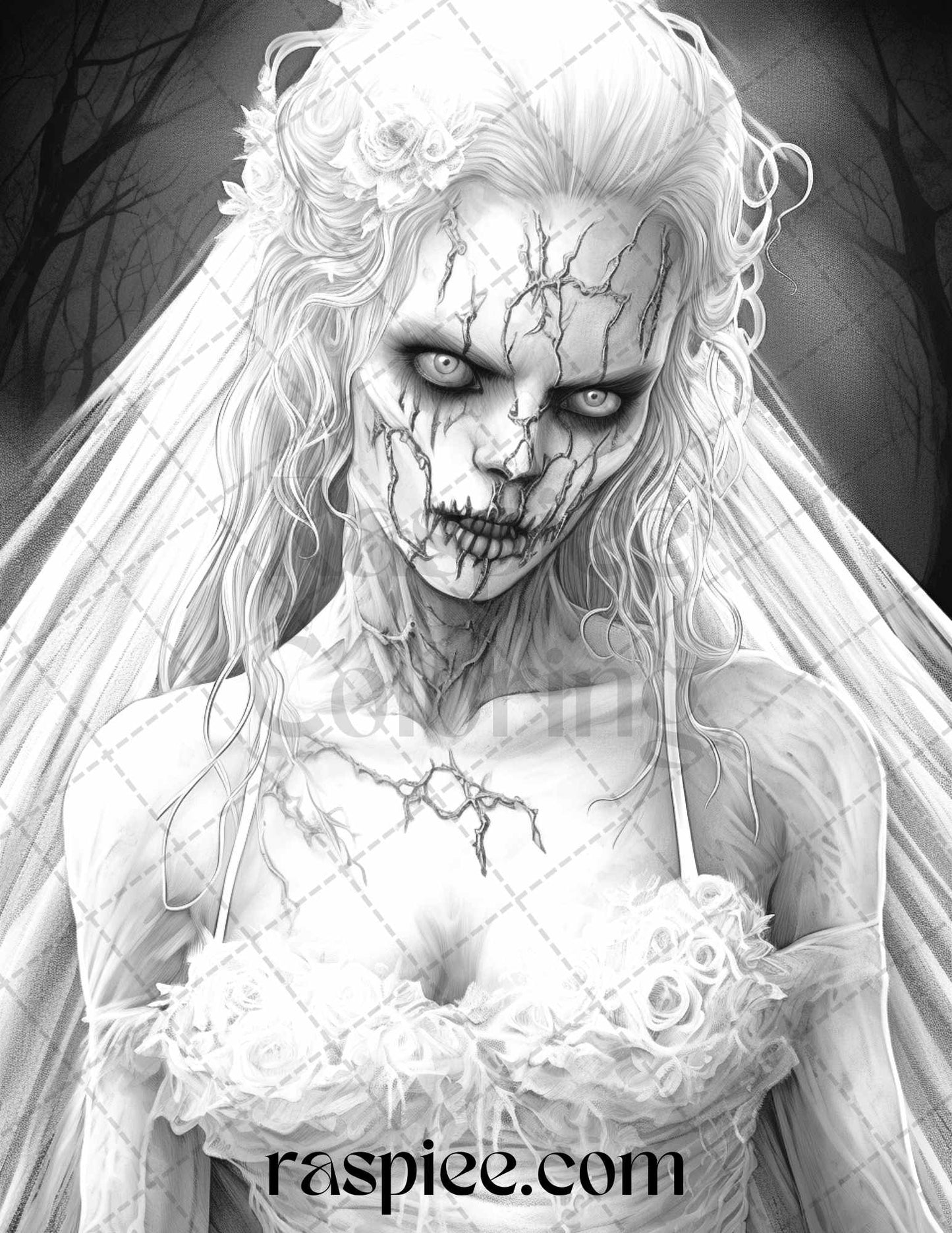 Zombie Bride Grayscale Printable Coloring Pages for Adults, Halloween Coloring Page, Horror Art Therapy, PDF Instant Download